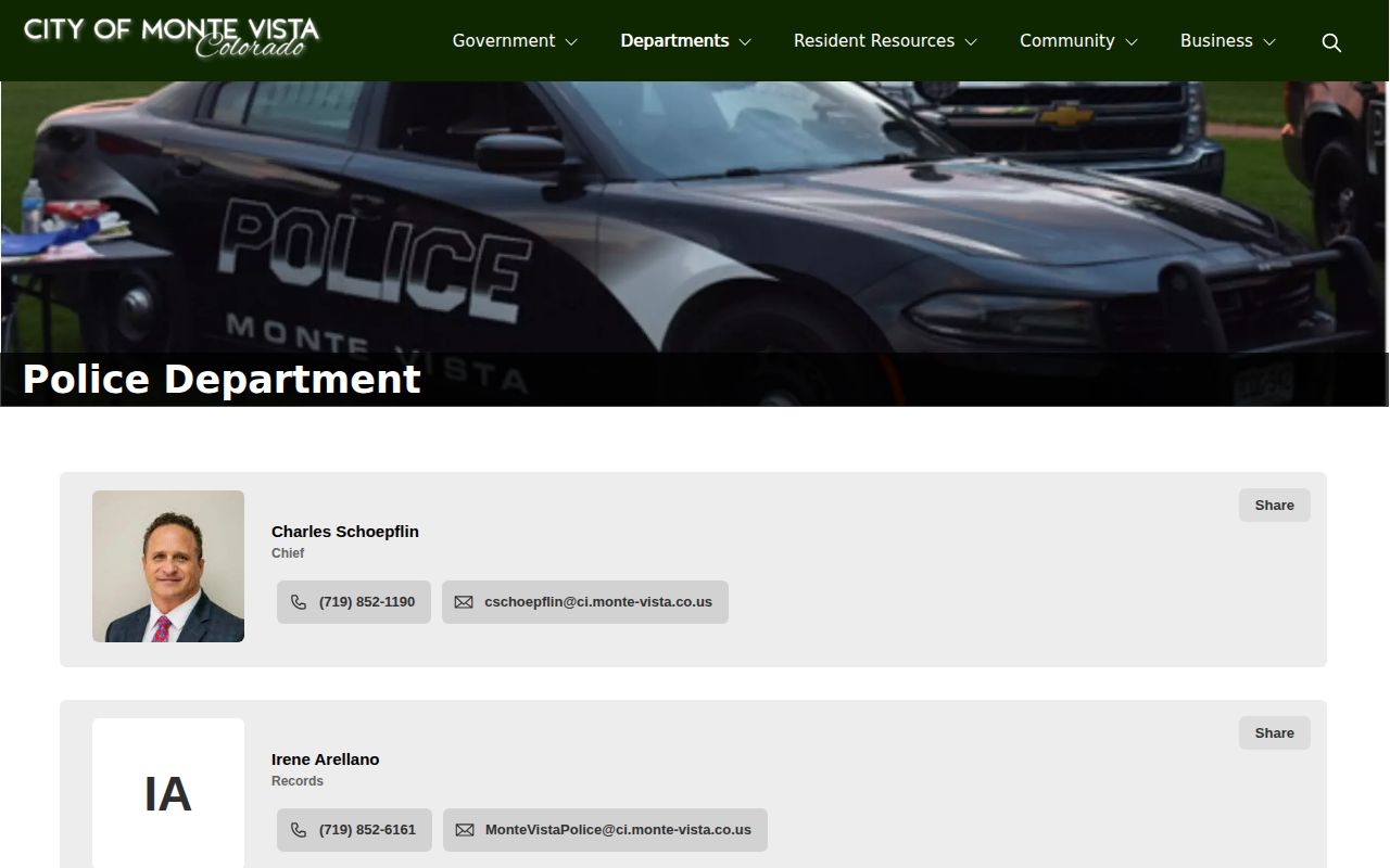 Monte Vista Police Department official arrest record access page in Rio Grande County