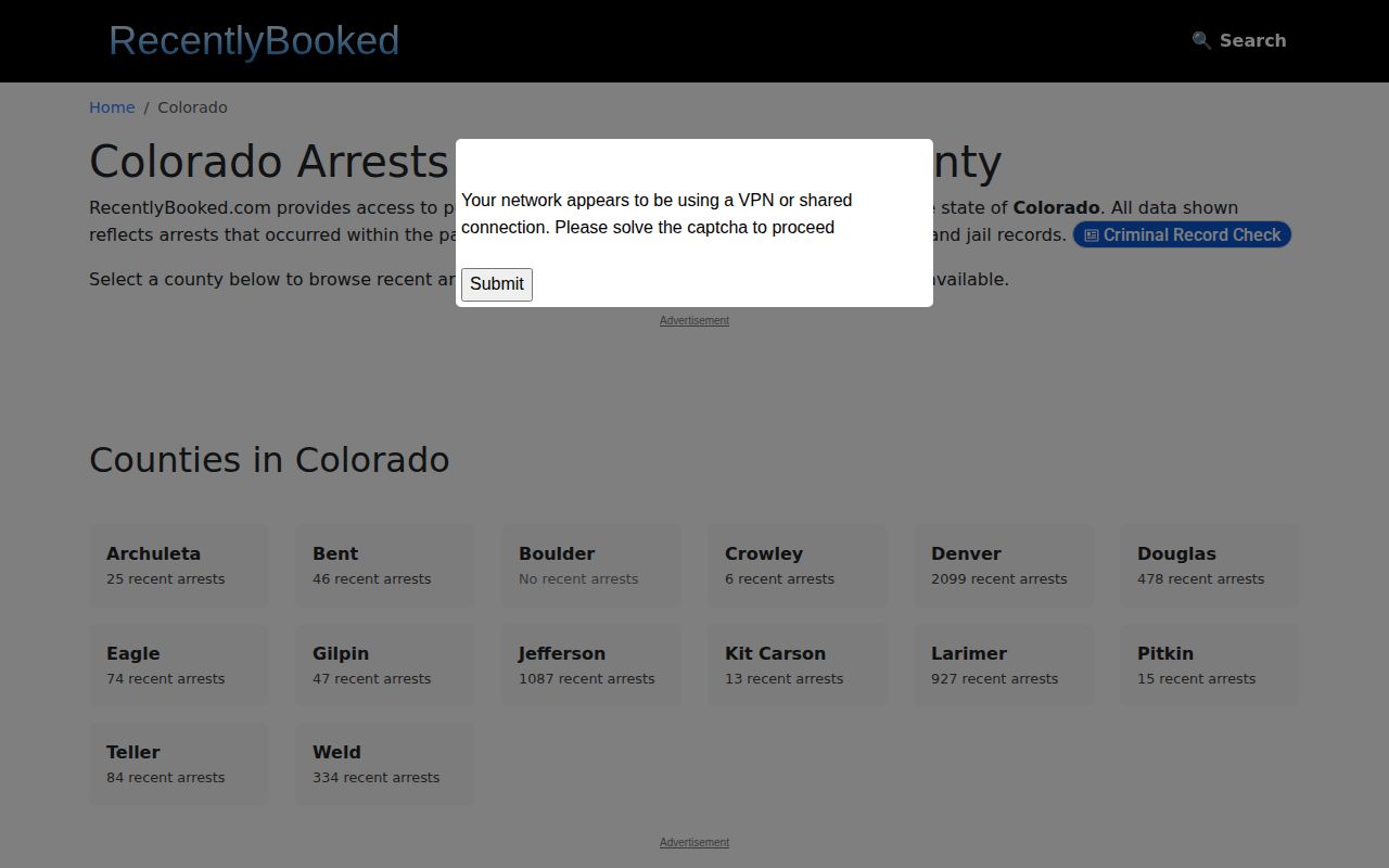 Rio Grande County mugshot news landscape with no Recently Booked county section